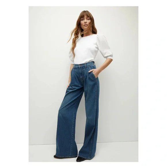 New! VERONICA BEARD Mia Pleated High Waist Wide Leg Jeans - Picture 4 of 11